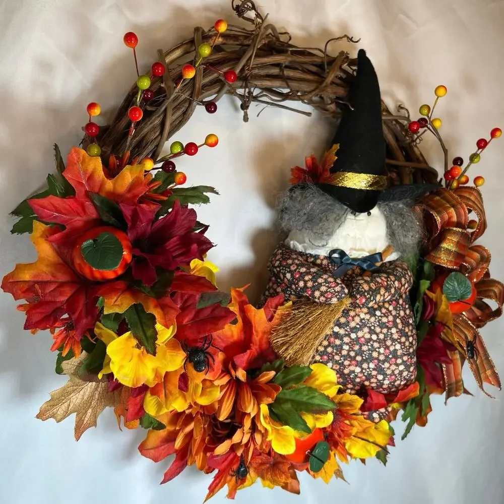 Vintage Halloween 17” Grapevine Wreath Witch Fall Leaves & Flowers Multicolor